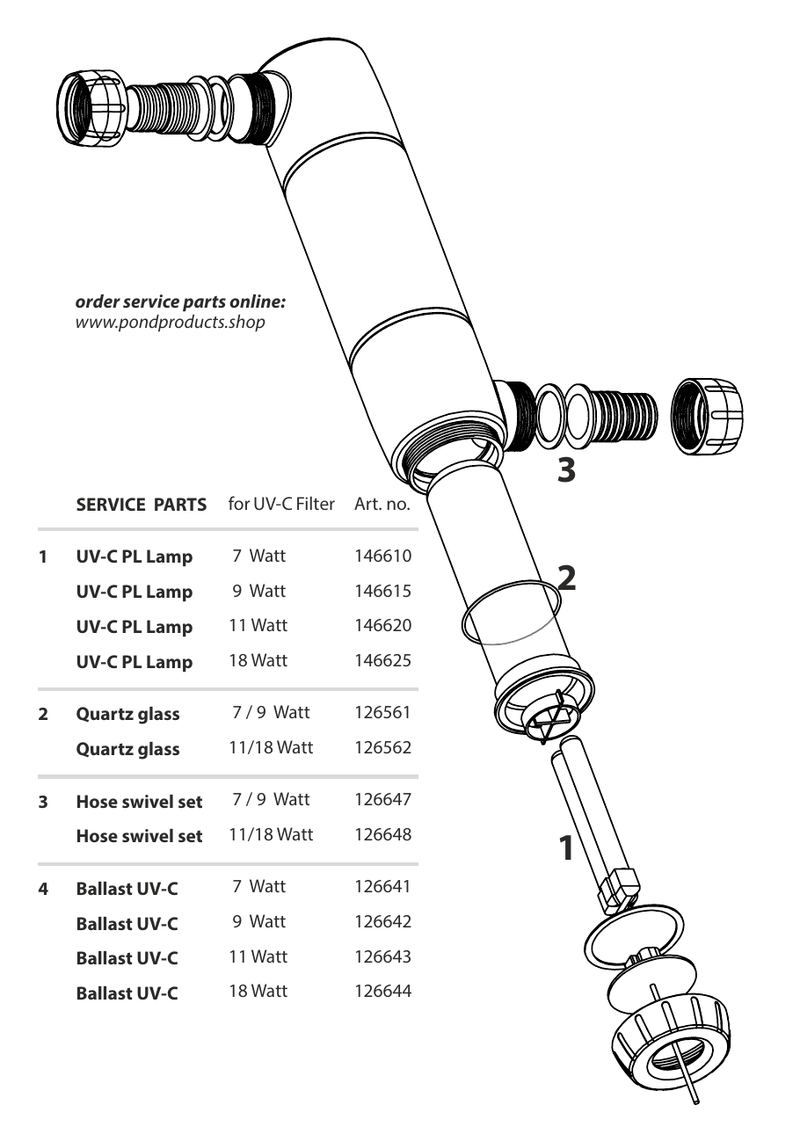Velda servicetekening met kwartsglas 126561 als onderdeel 2 voor Clean Pond UV-C 7/9 Watt, afbeelding 2 Onderdeel UV-C