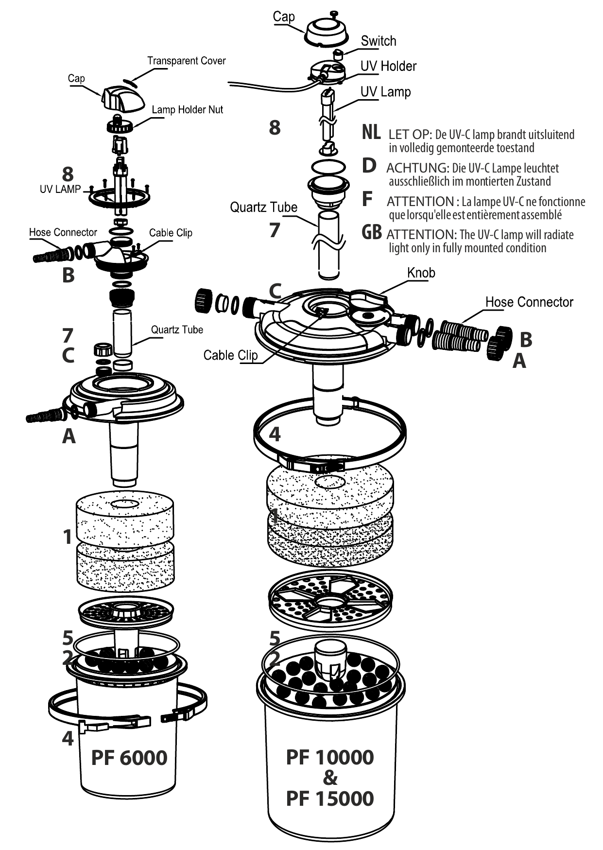 Velda exploded view met kwartsglas op positie 7 in Pressure Filter 6000