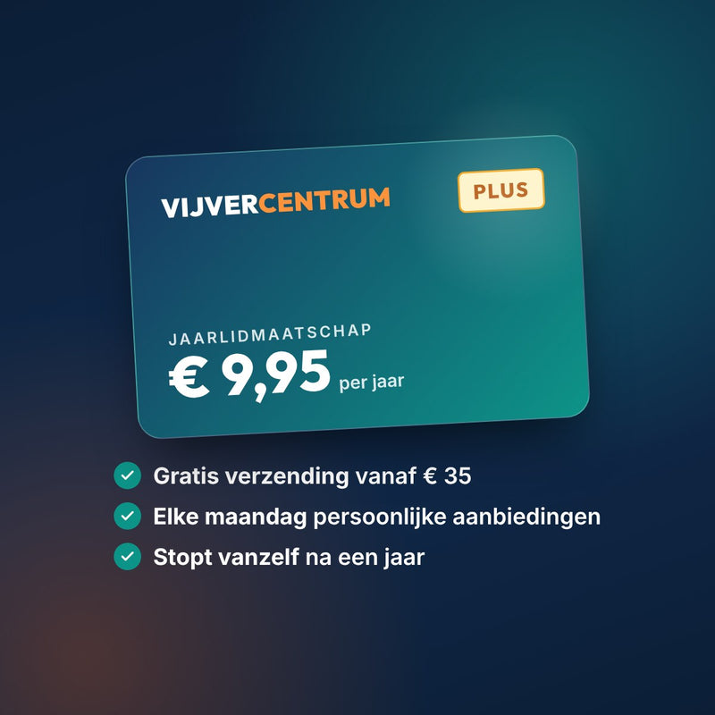 Vijvercentrum Plus jaarlidmaatschap, 9,95 euro per jaar: gratis verzending vanaf 35 euro, elke maandag persoonlijke aanbiedingen, stopt vanzelf na een jaar, Lidmaatschap bij Vijvercentrum